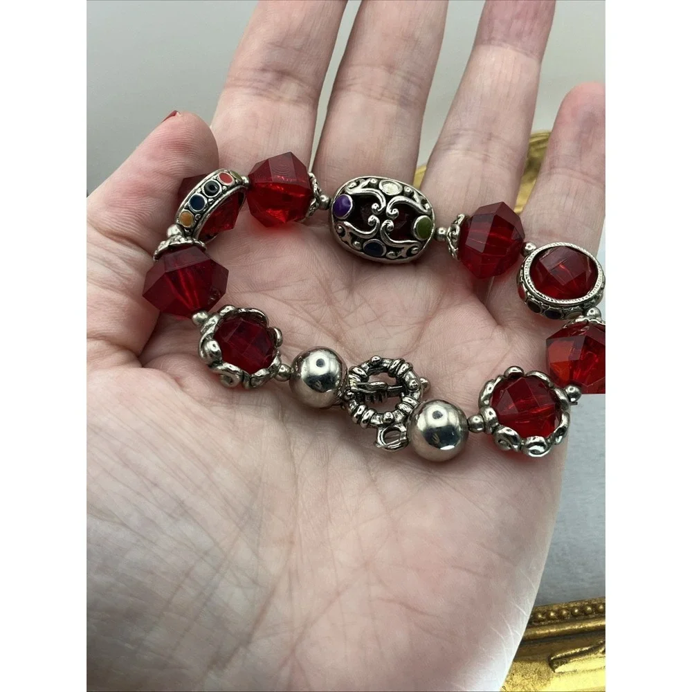 Ornate Ruby Red Glass Beaded Bracelet Enamel Silver Tone Royal Romantic Castle